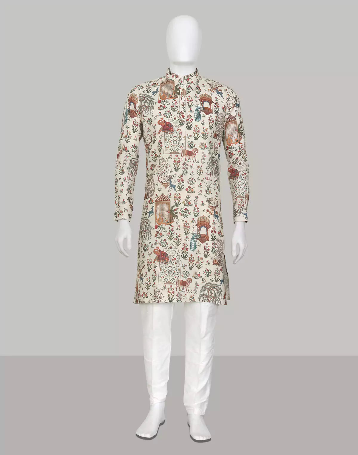 Floral Motifs with Animal Print Fawn Colour Kurta Pyjama