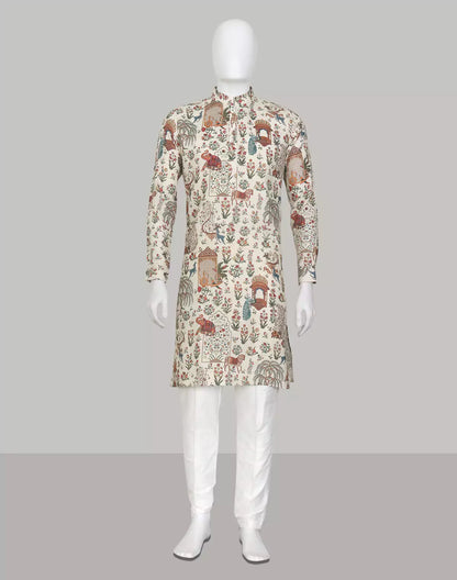 Floral Motifs with Animal Print Fawn Colour Kurta Pyjama
