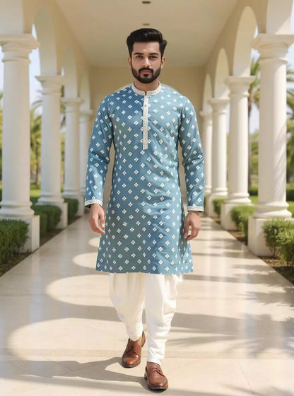 Gun Blue Color Floral Thread Embroidery Giza Cotton Kurta Set