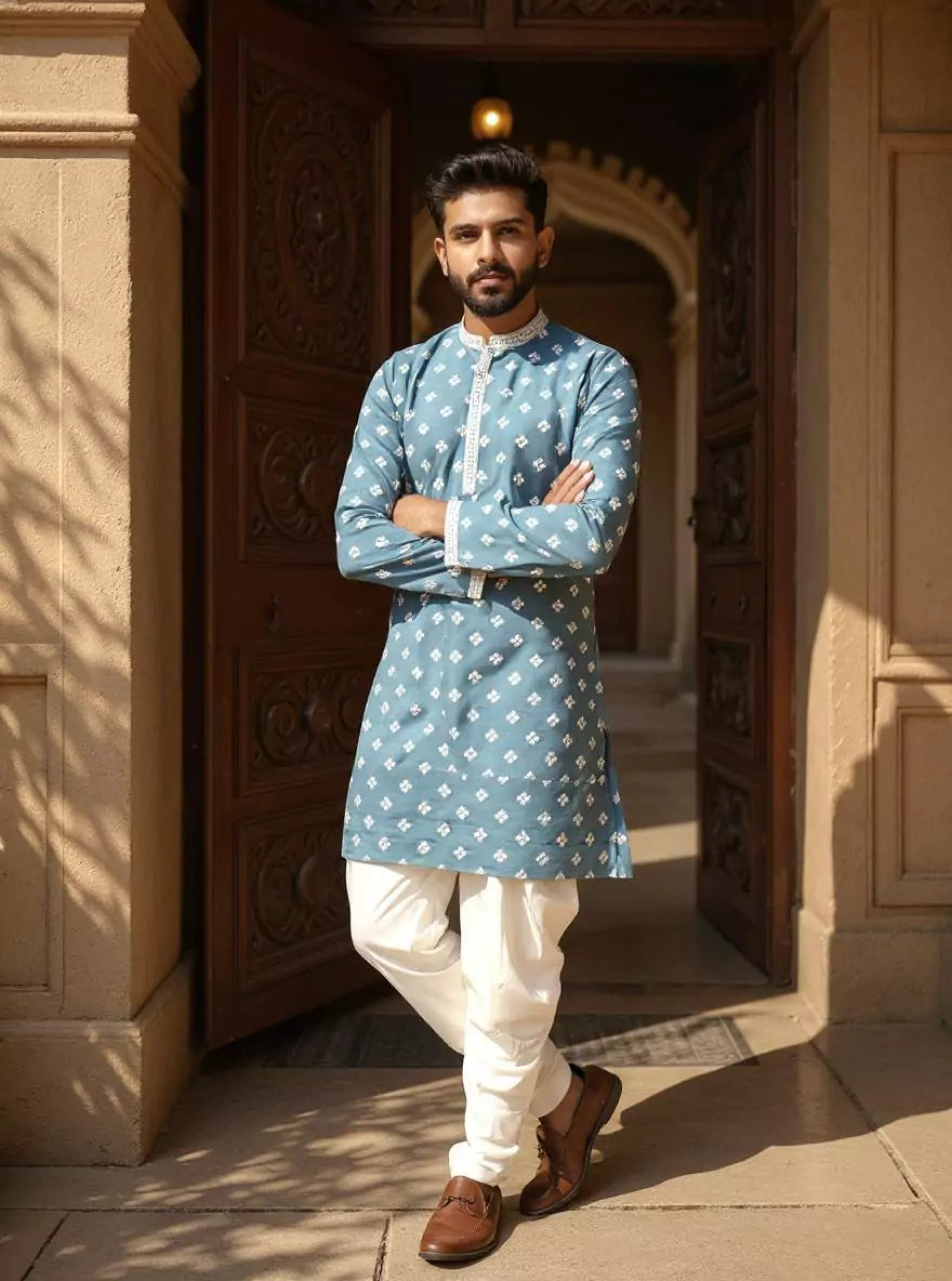 Gun Blue Color Floral Thread Embroidery Giza Cotton Kurta Set