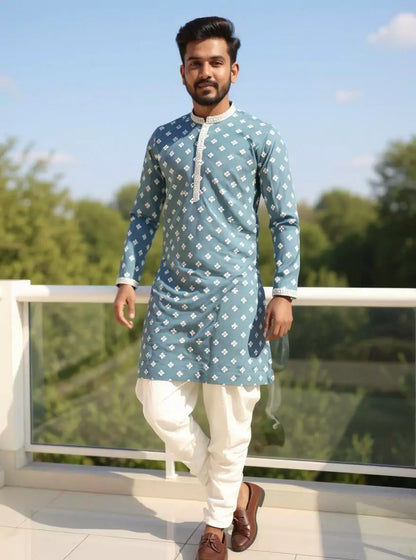 Gun Blue Color Floral Thread Embroidery Giza Cotton Kurta Set