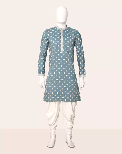 Gun Blue Color Floral Thread Embroidery Giza Cotton Kurta Set