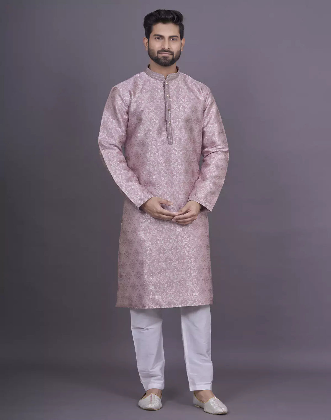 All Over Floral Motifs Onion Coloured Soft Silk Kurta Pyjama Set