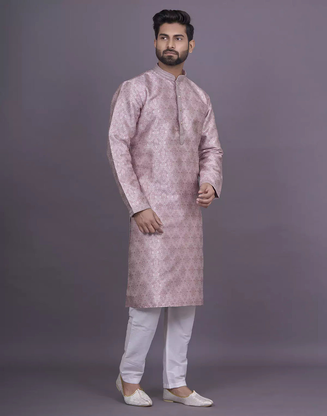 All Over Floral Motifs Onion Coloured Soft Silk Kurta Pyjama Set