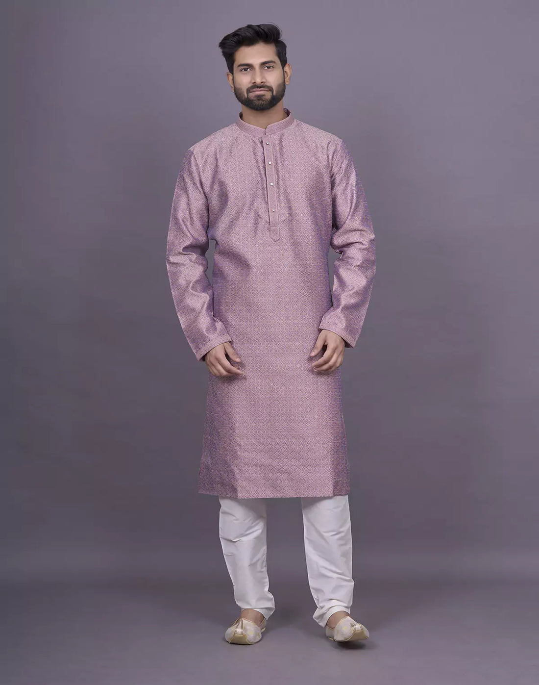 Self Floral Design Jacquard Onion Coloured Kurta Pyjama Set