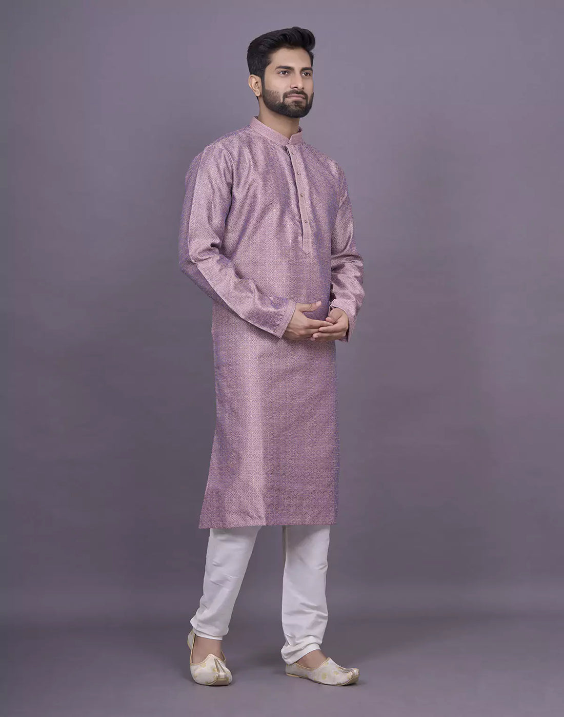 Self Floral Design Jacquard Onion Coloured Kurta Pyjama Set
