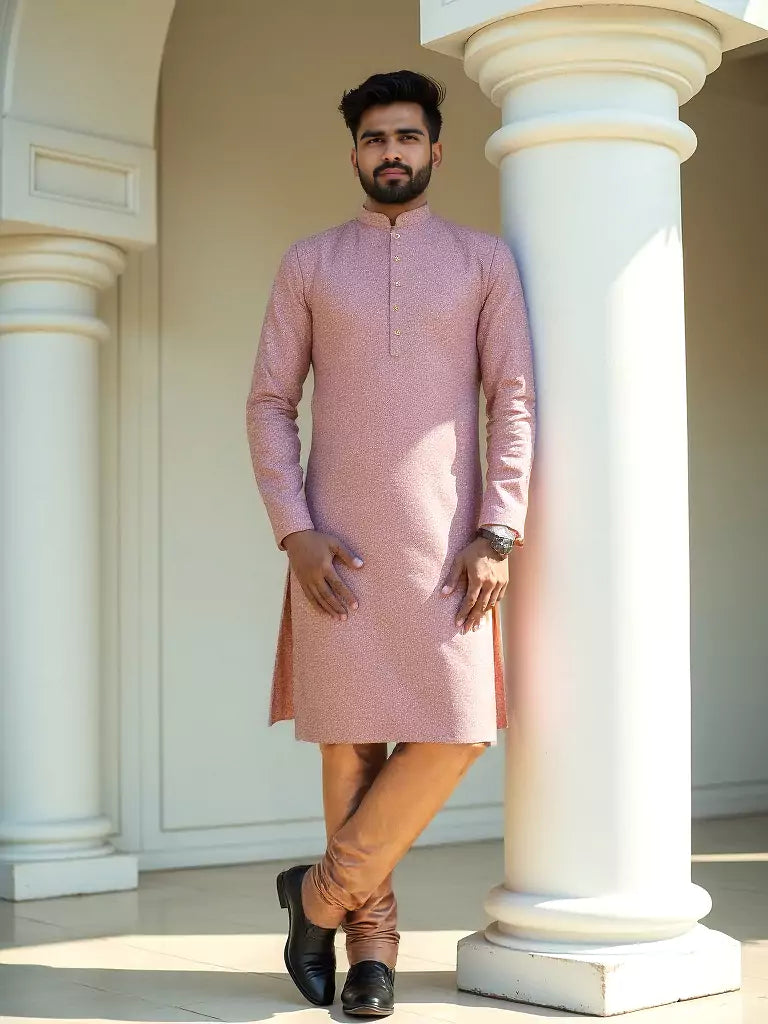 Peach Woven Design Jacquard Kurta with Pyjamas