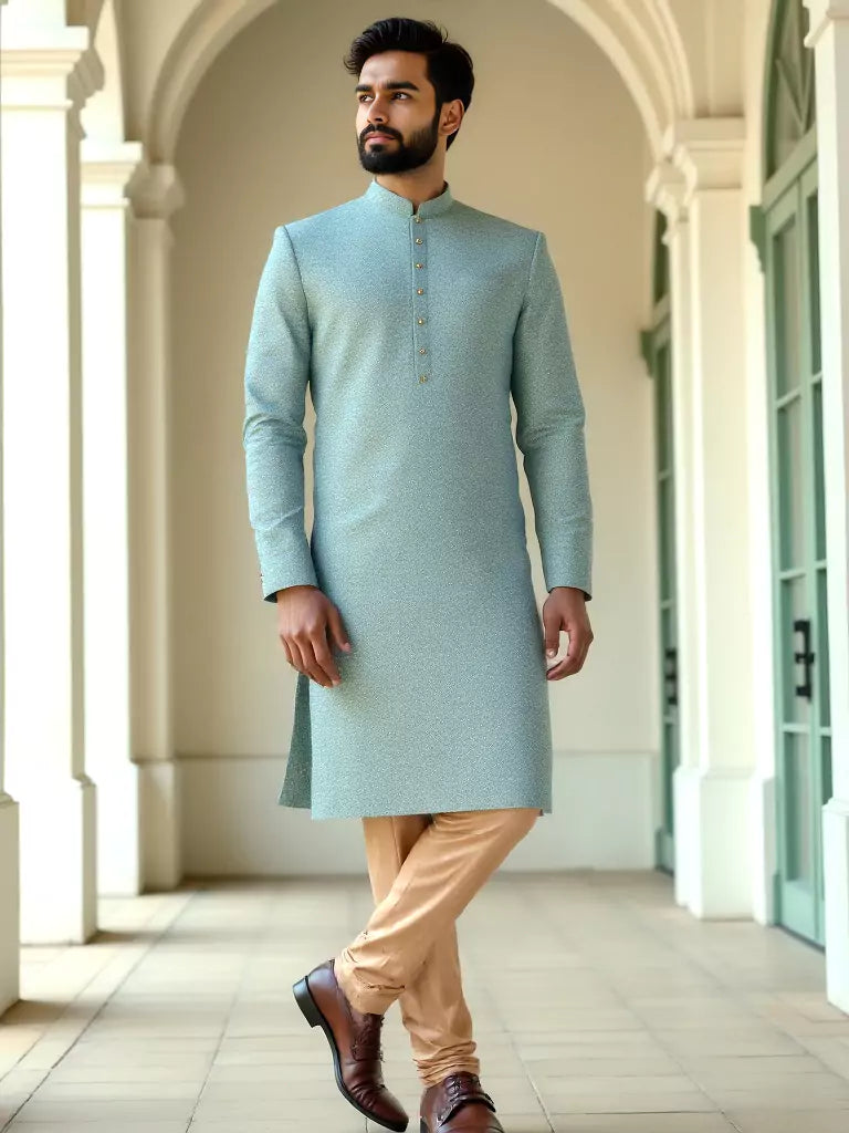 Pista Green Woven Design Jacquard Kurta with Pyjamas