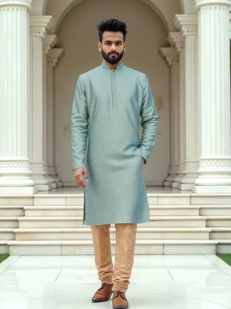 Pista Green Woven Design Jacquard Kurta with Pyjamas