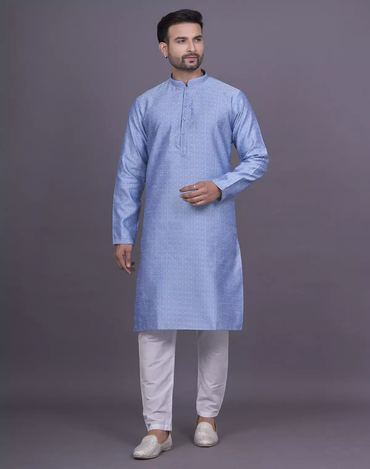 Self Floral Design Stones work Soft Silk Sky Kurta Pyjama Set