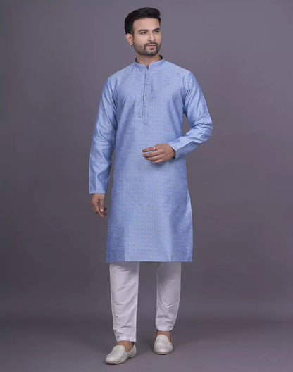 Self Floral Design Stones work Soft Silk Sky Kurta Pyjama Set