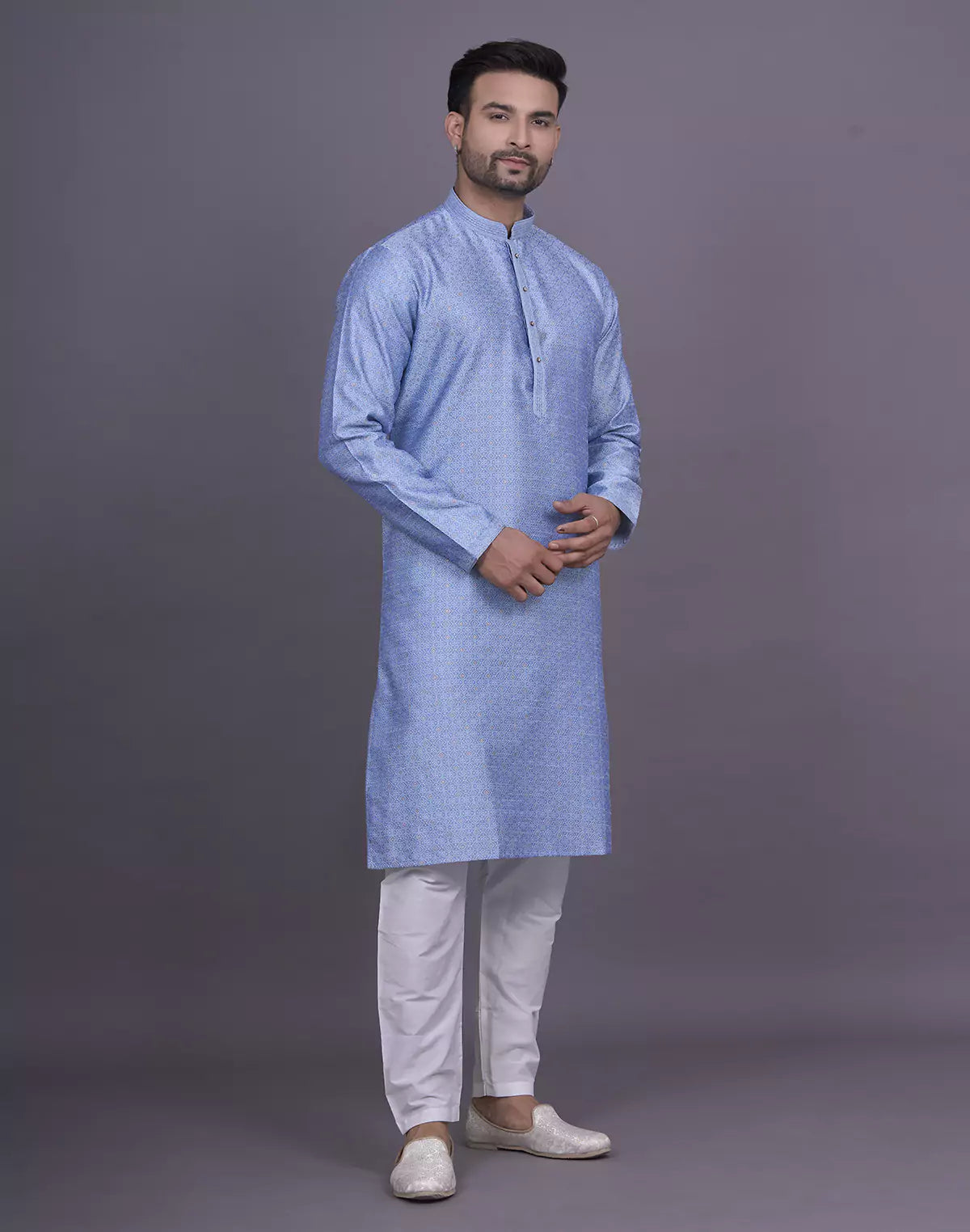 Self Floral Design Stones work Soft Silk Sky Kurta Pyjama Set