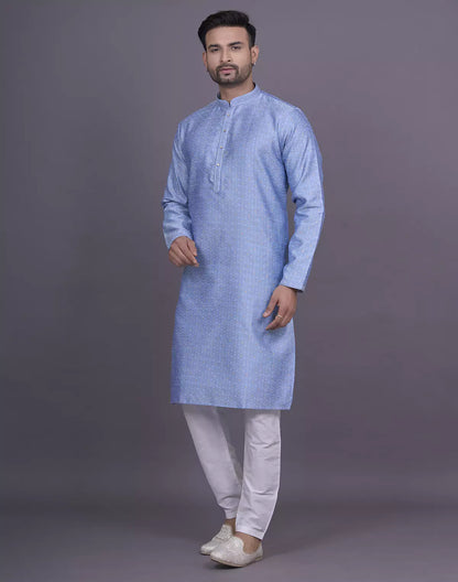 Self Floral Design Stones work Soft Silk Sky Kurta Pyjama Set