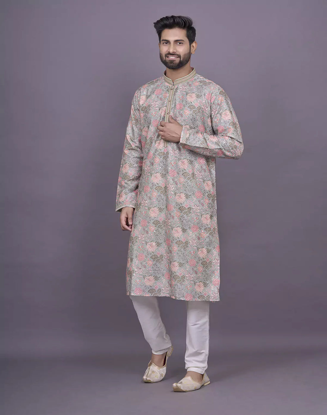 Graceful Pista Green Colour Floral Print Raw Silk Kurta Pyjama Set