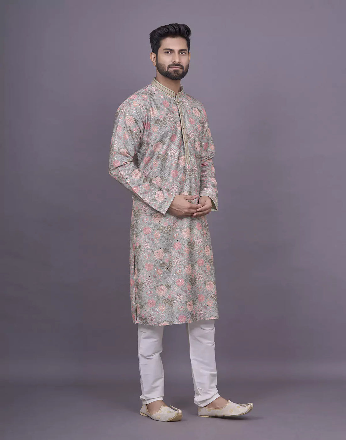 Graceful Pista Green Colour Floral Print Raw Silk Kurta Pyjama Set