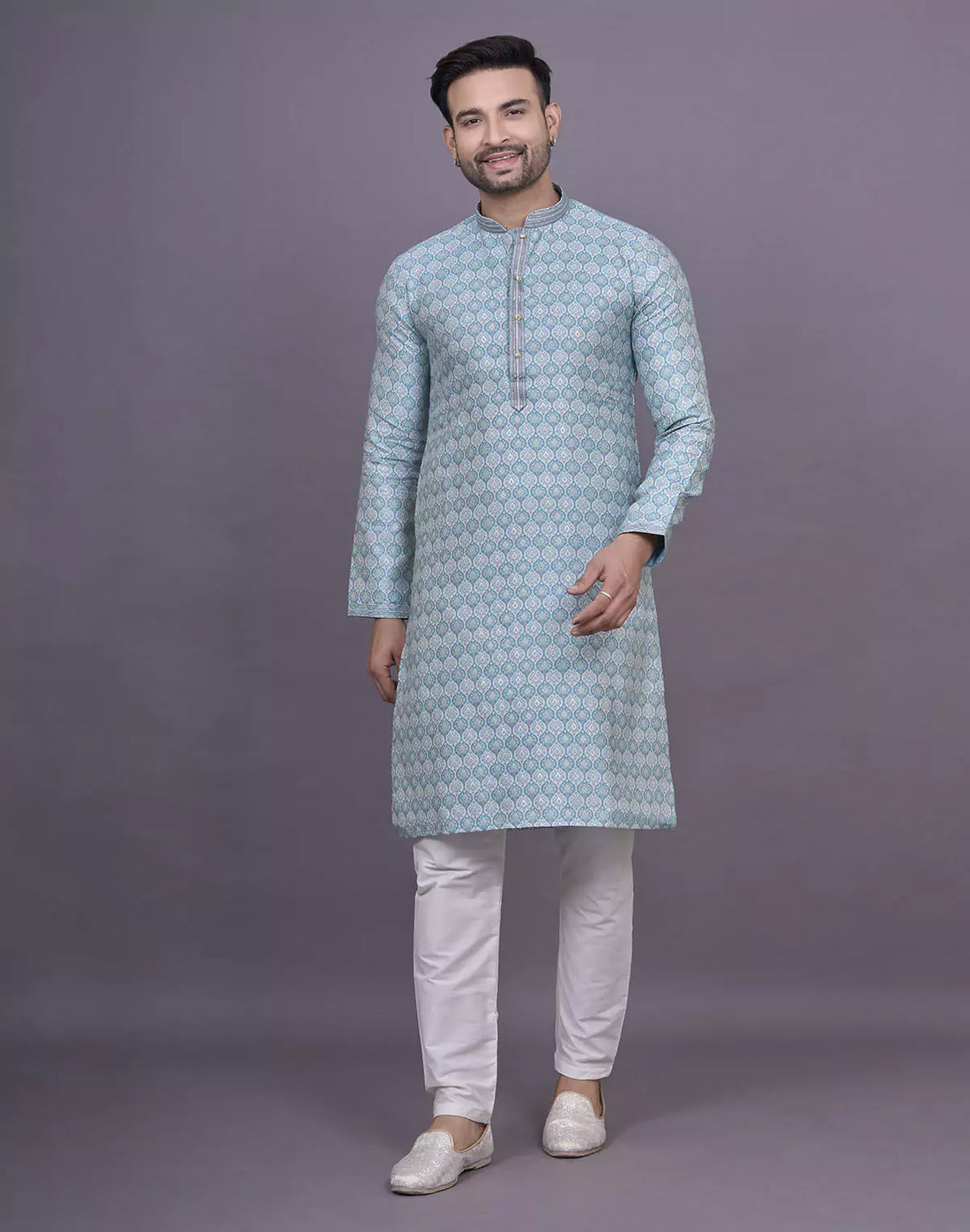 Firozi Floral Weaving Design Raw Silk Kurta Pyjama Set