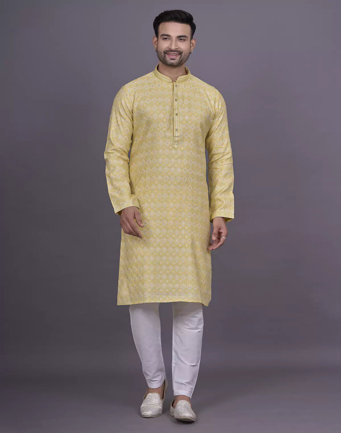 All Over Floral Patterned Yellow Soft Silk Elegance Kurta Pajama