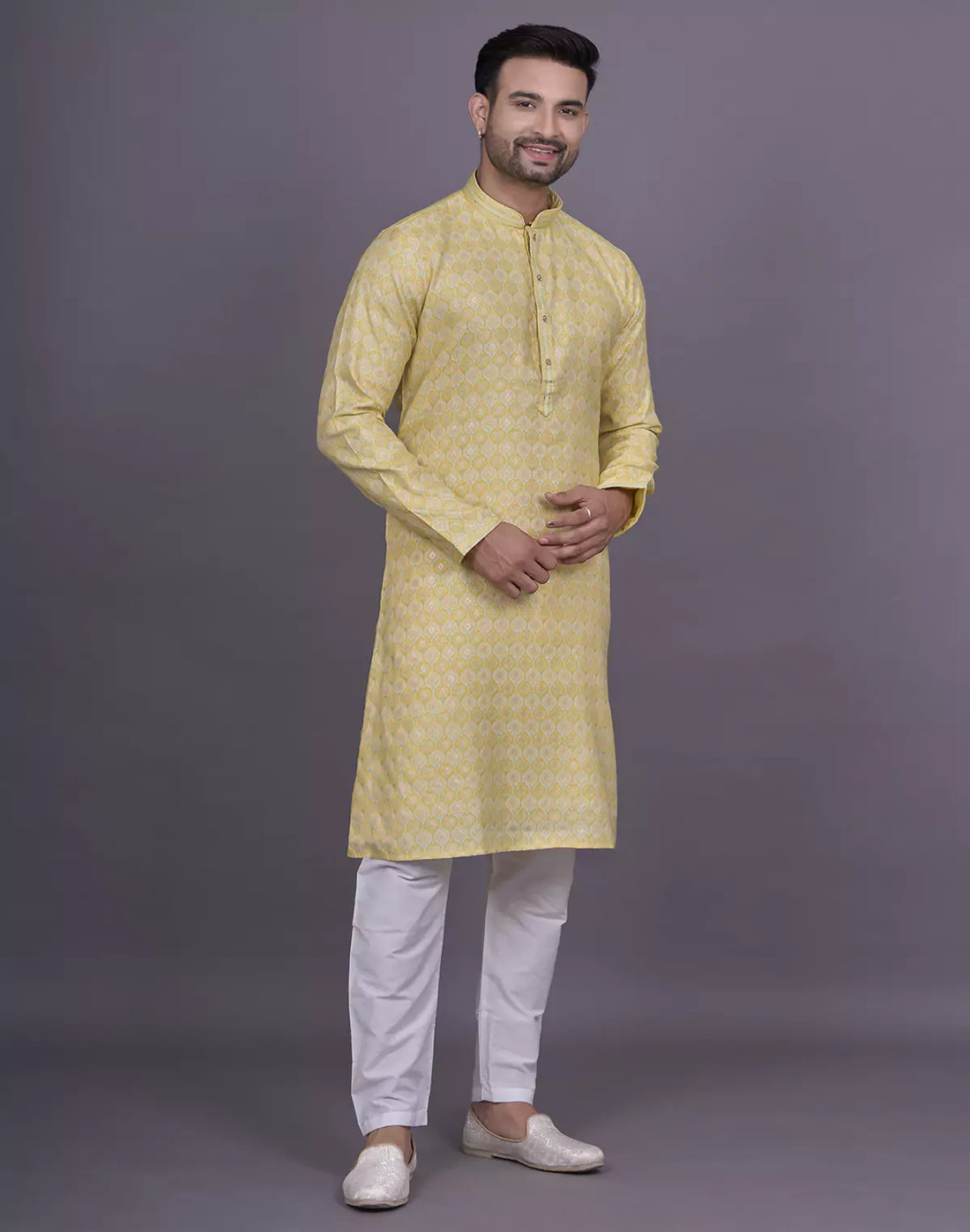 All Over Floral Patterned Yellow Soft Silk Elegance Kurta Pajama