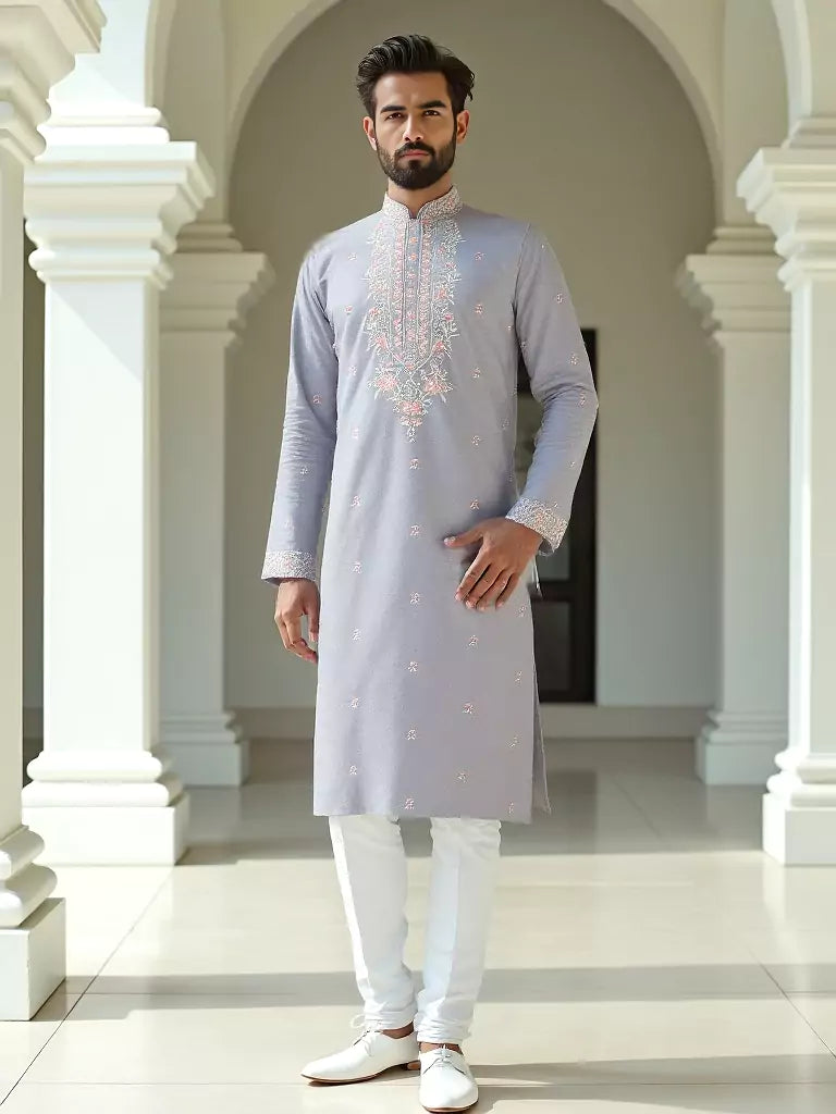 Floral Embroidered Giza Cotton Grey Kurta with Pyjamas
