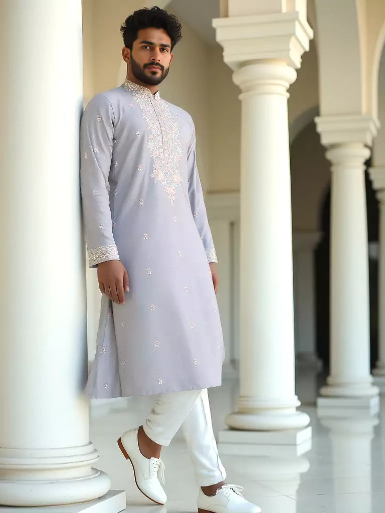 Floral Embroidered Giza Cotton Grey Kurta with Pyjamas