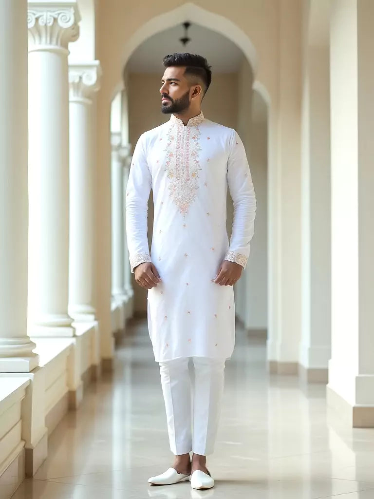 Floral Embroidered Giza Cotton White Kurta with Pyjamas
