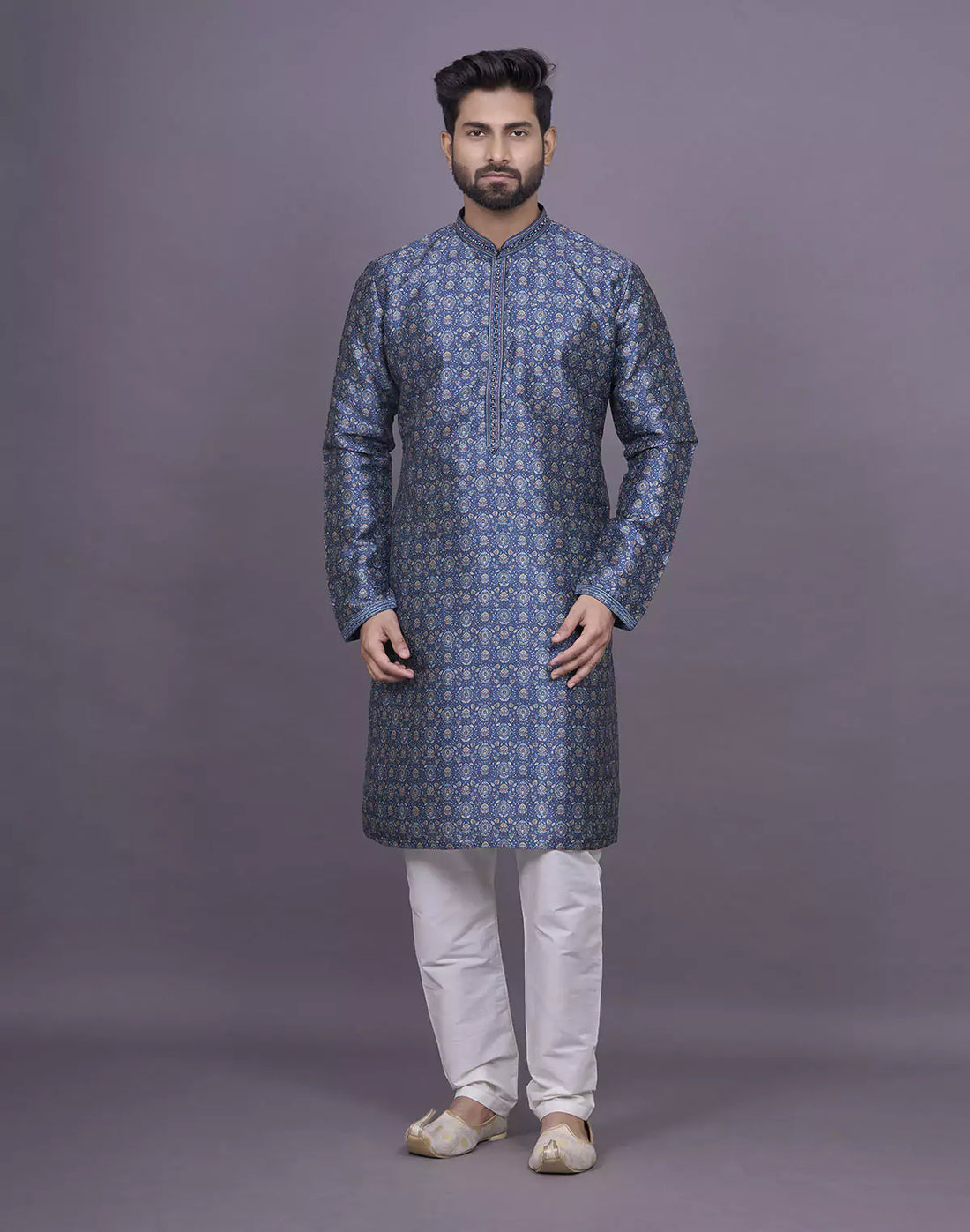 All Over Floral Printed Raw Silk Blue Kurta Pyjama Set