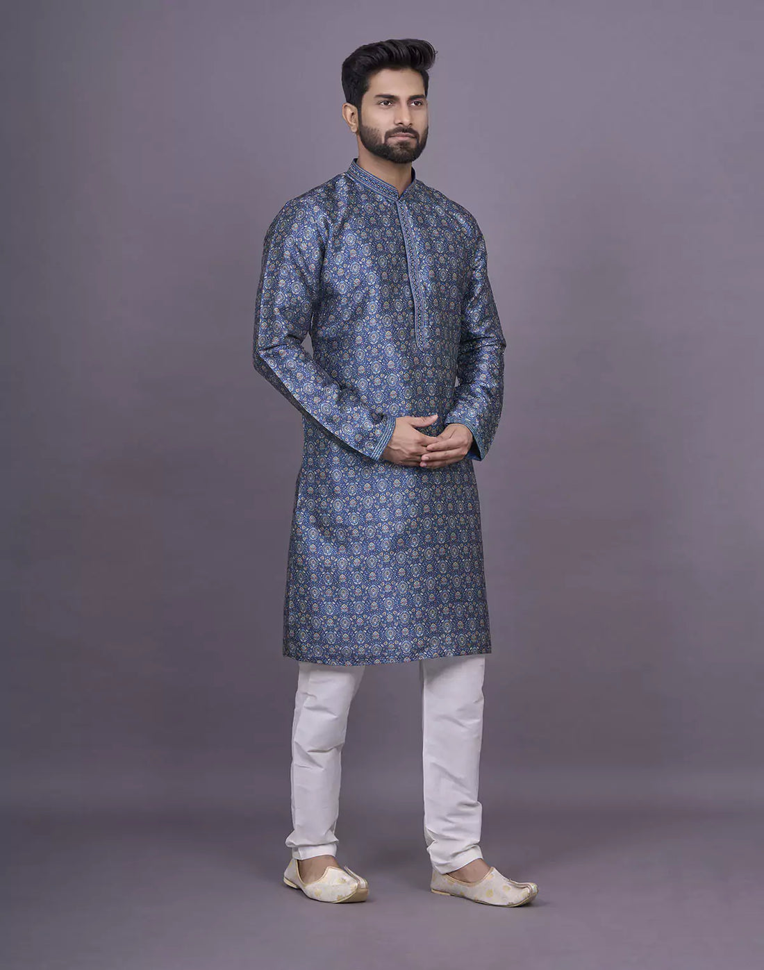 All Over Floral Printed Raw Silk Blue Kurta Pyjama Set