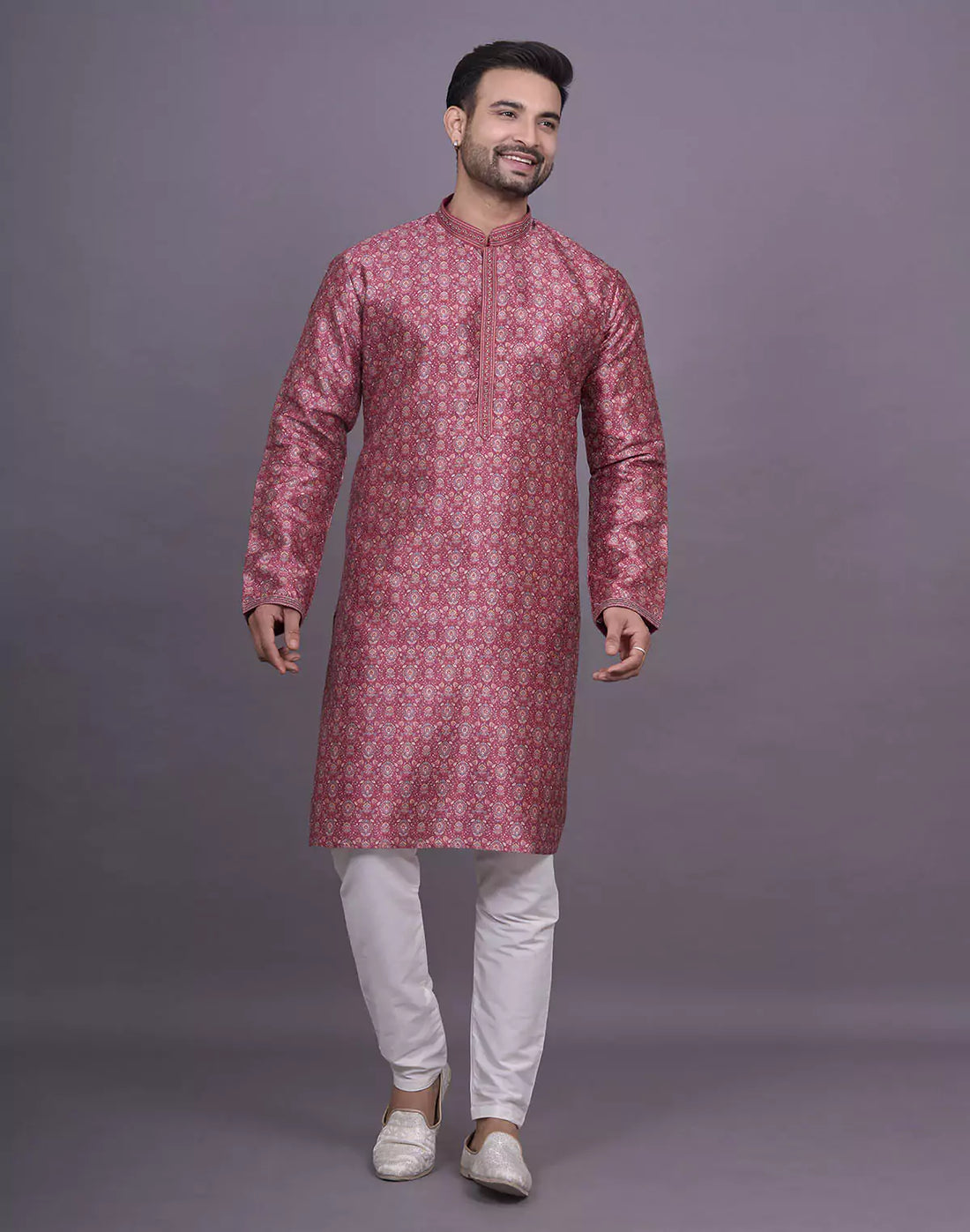 Graceful Maroon Coloured Floral Printed Raw Silk Kurta Pyjama Set