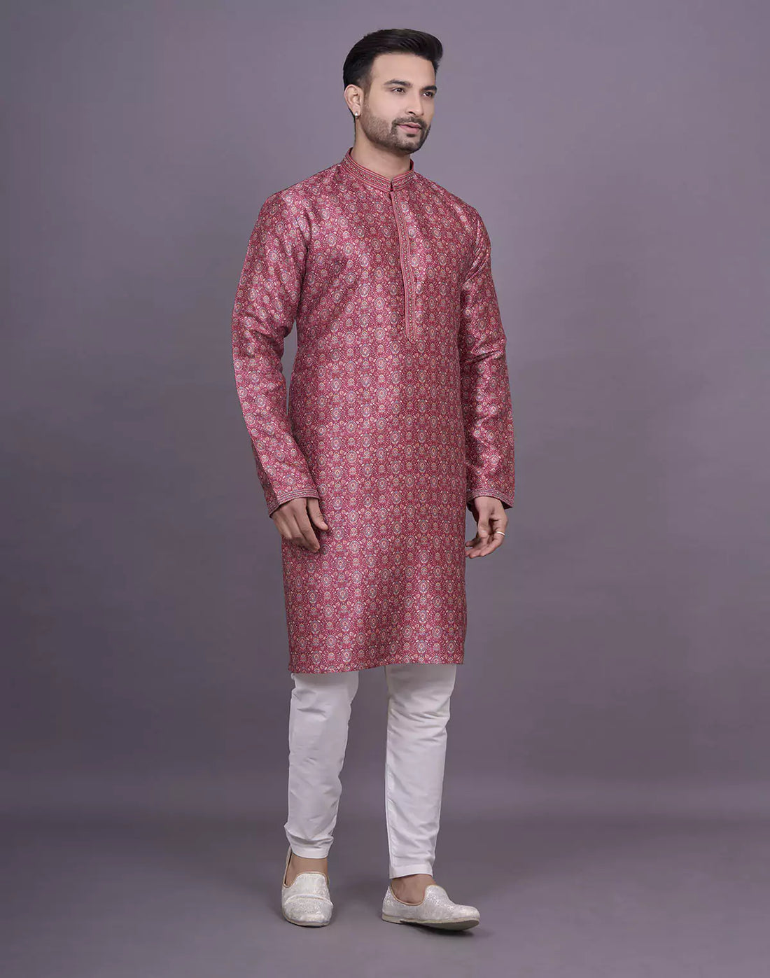 Graceful Maroon Coloured Floral Printed Raw Silk Kurta Pyjama Set