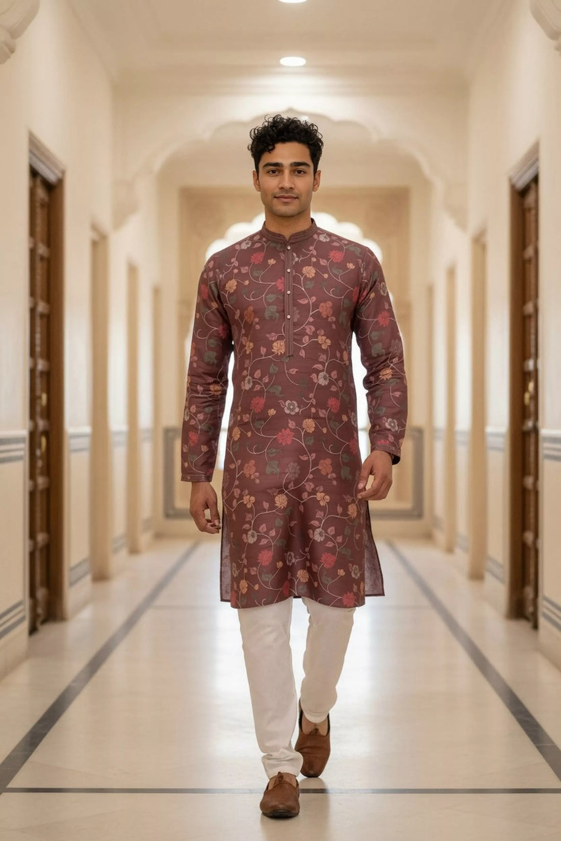Wine Bel Buti Patterned Milky Silk Kurta Pyjamas