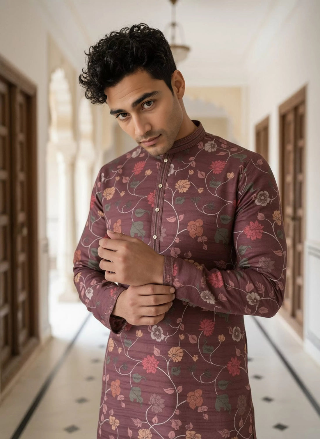 Wine Bel Buti Patterned Milky Silk Kurta Pyjamas