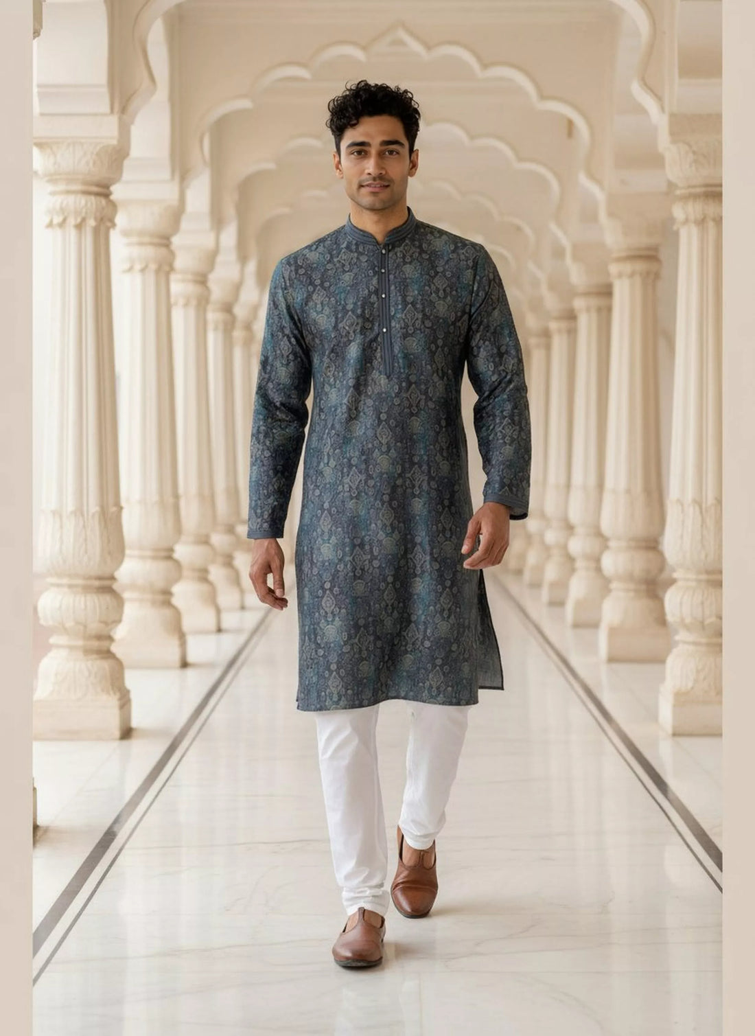 Graphic Print Indigo Blue Milky Silk Kurta Pyjama Set