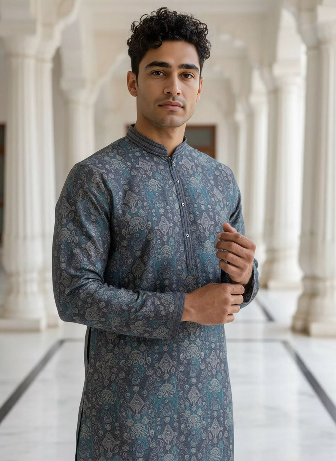 Graphic Print Indigo Blue Milky Silk Kurta Pyjama Set