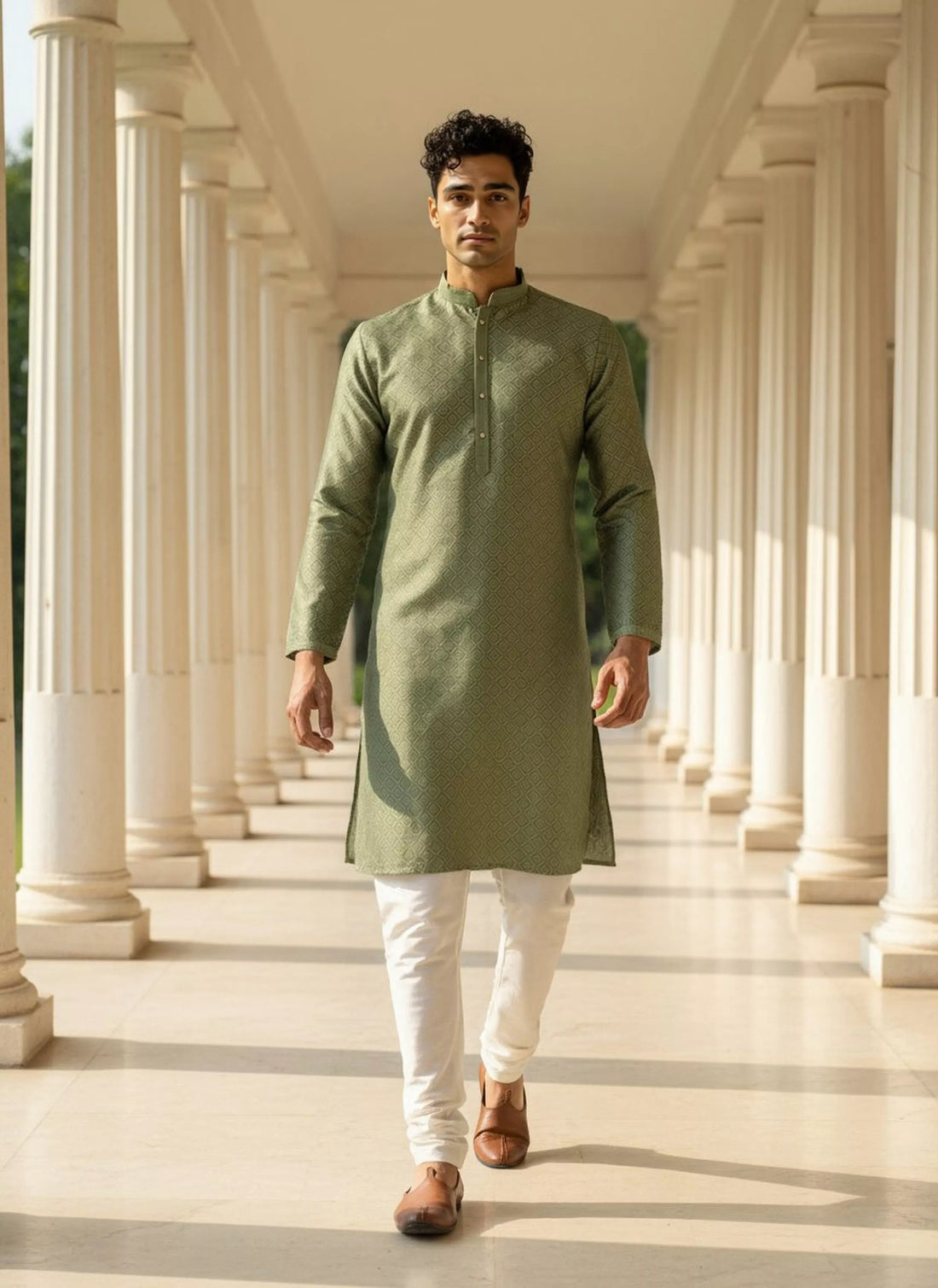 Floral Motifs Mehendi Colour Jacquard Kurta Pyjama Set