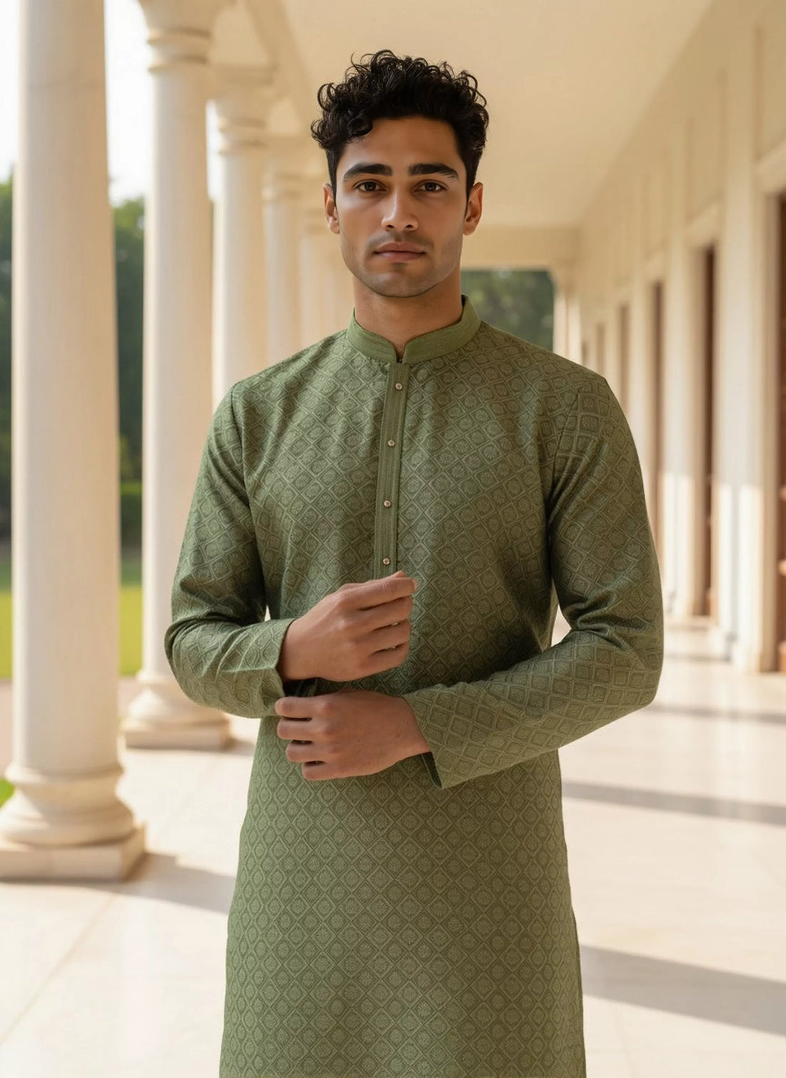 Floral Motifs Mehendi Colour Jacquard Kurta Pyjama Set