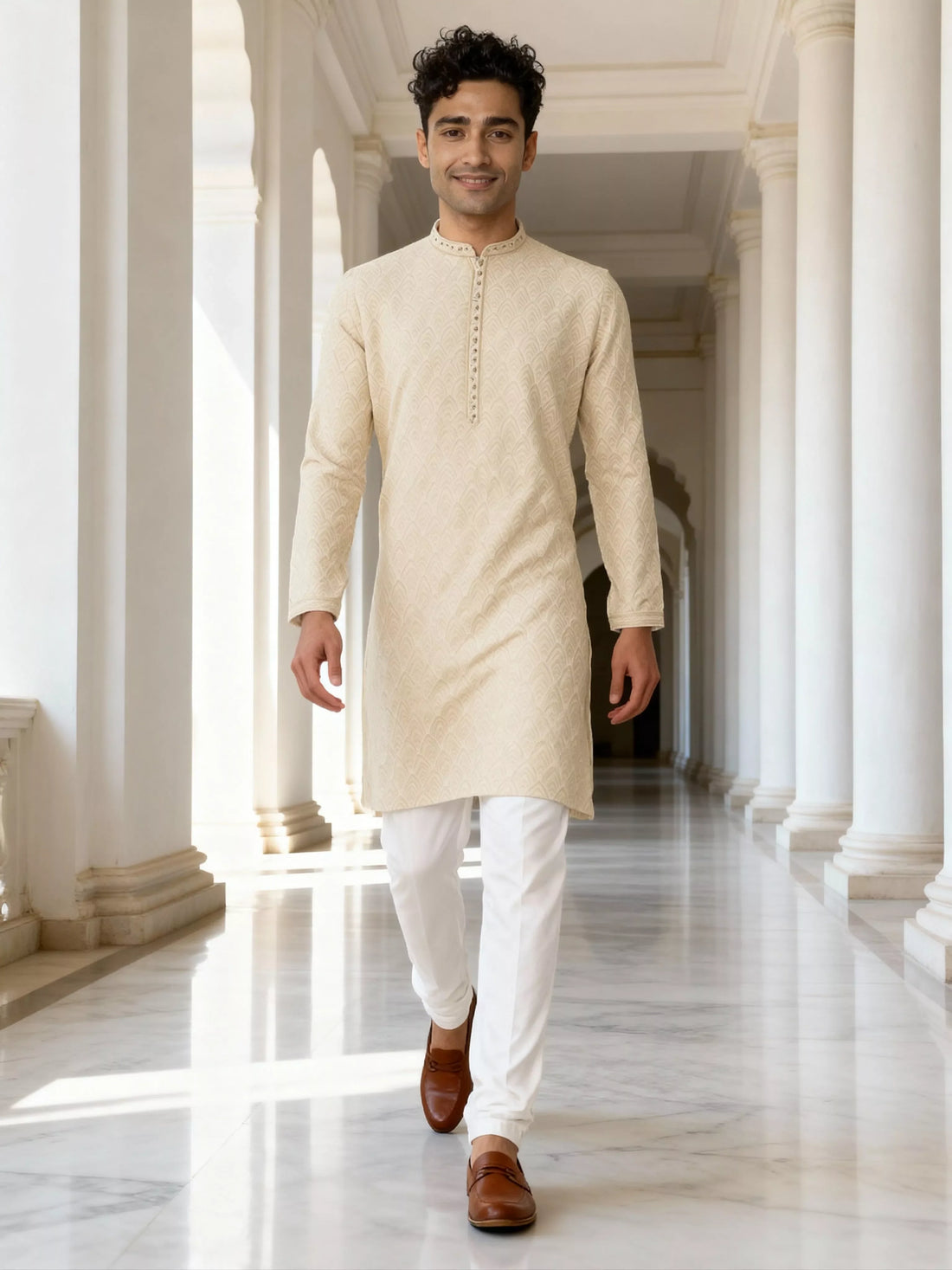 Cream Thread work Zig Zag Pattern Jacquard Kurta Pyjama Set