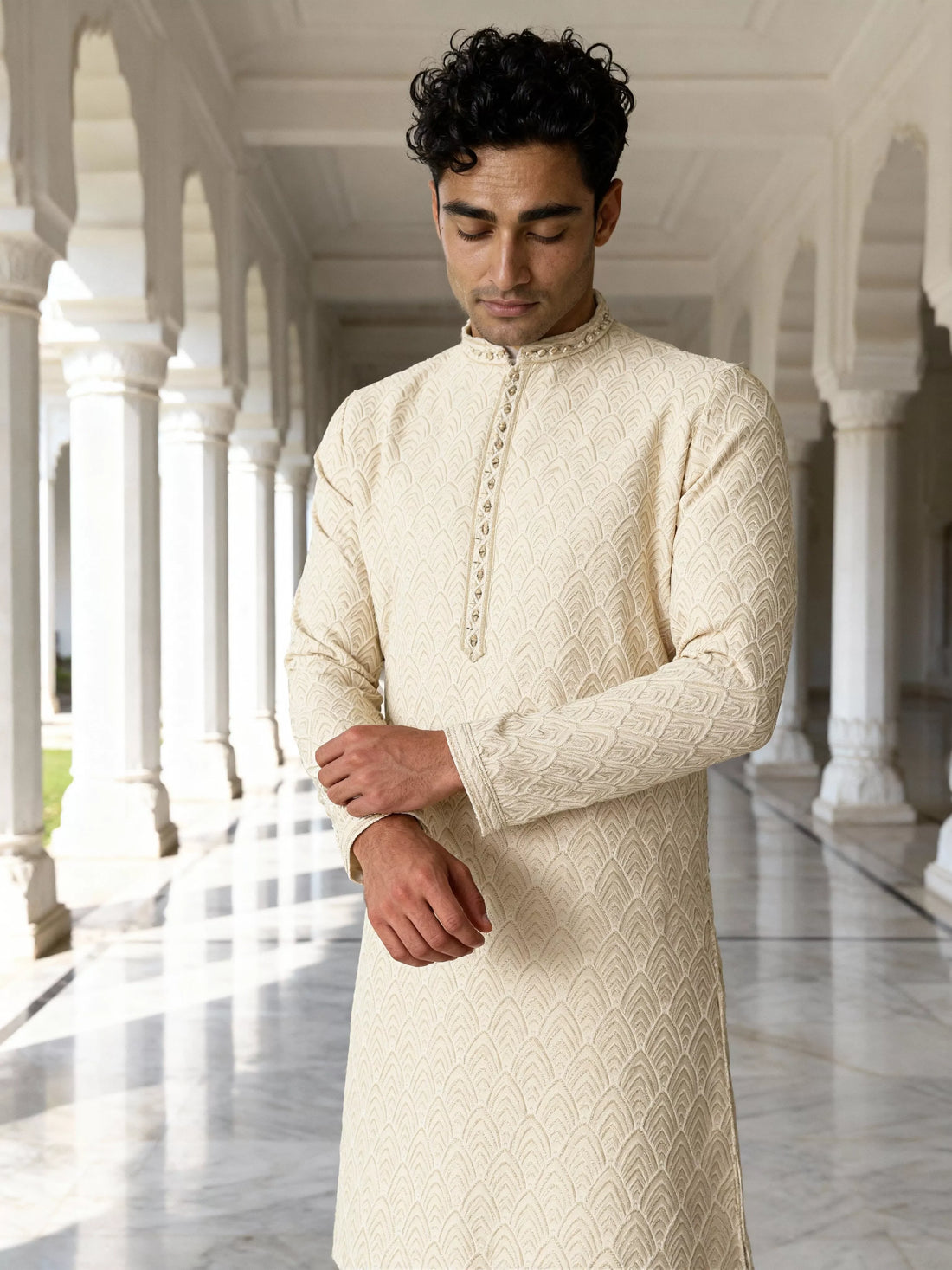 Cream Thread work Zig Zag Pattern Jacquard Kurta Pyjama Set