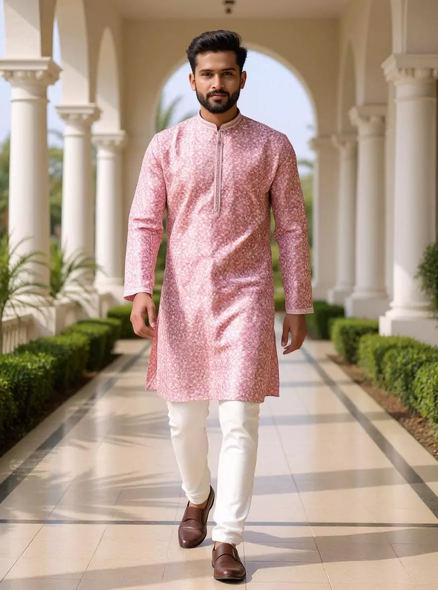 Elegance Floral Printed Onion Color Cotton Silk Kurta Pyjama