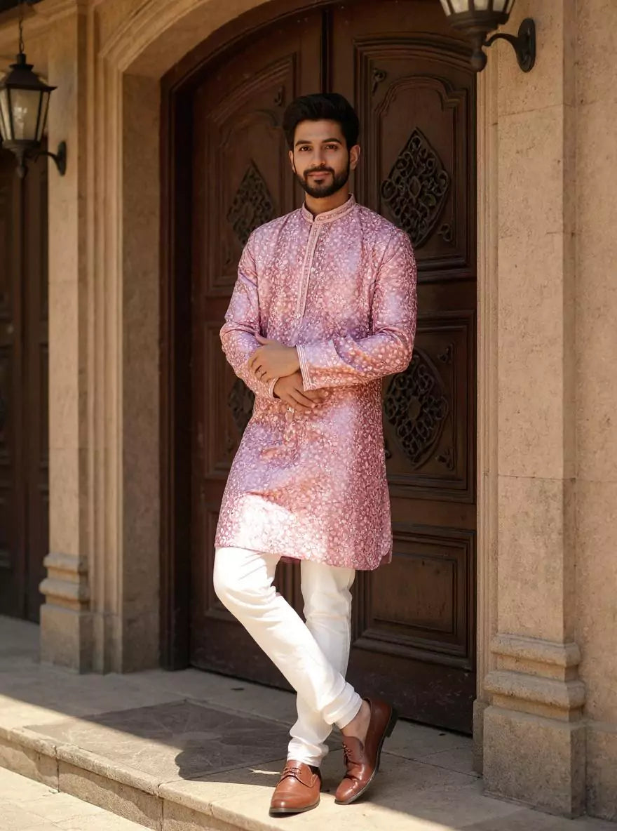 Elegance Floral Printed Onion Color Cotton Silk Kurta Pyjama
