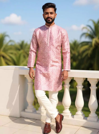 Elegance Floral Printed Onion Color Cotton Silk Kurta Pyjama
