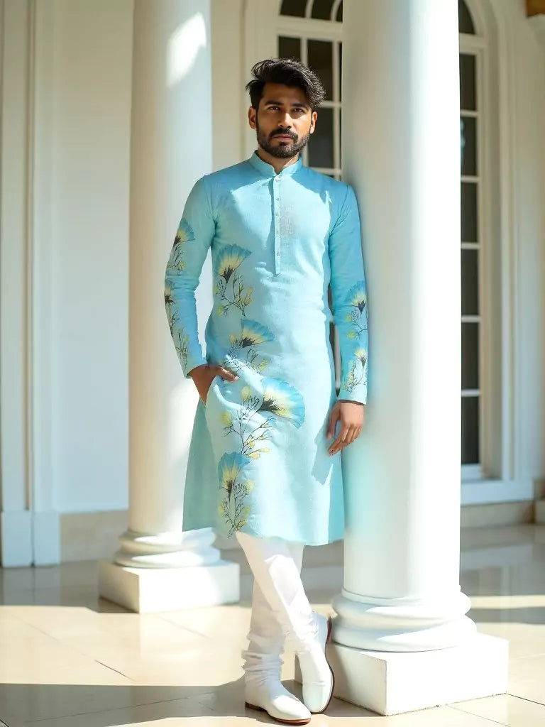Firozi Coloured Multi Floral Printed Cotton Kurta Set