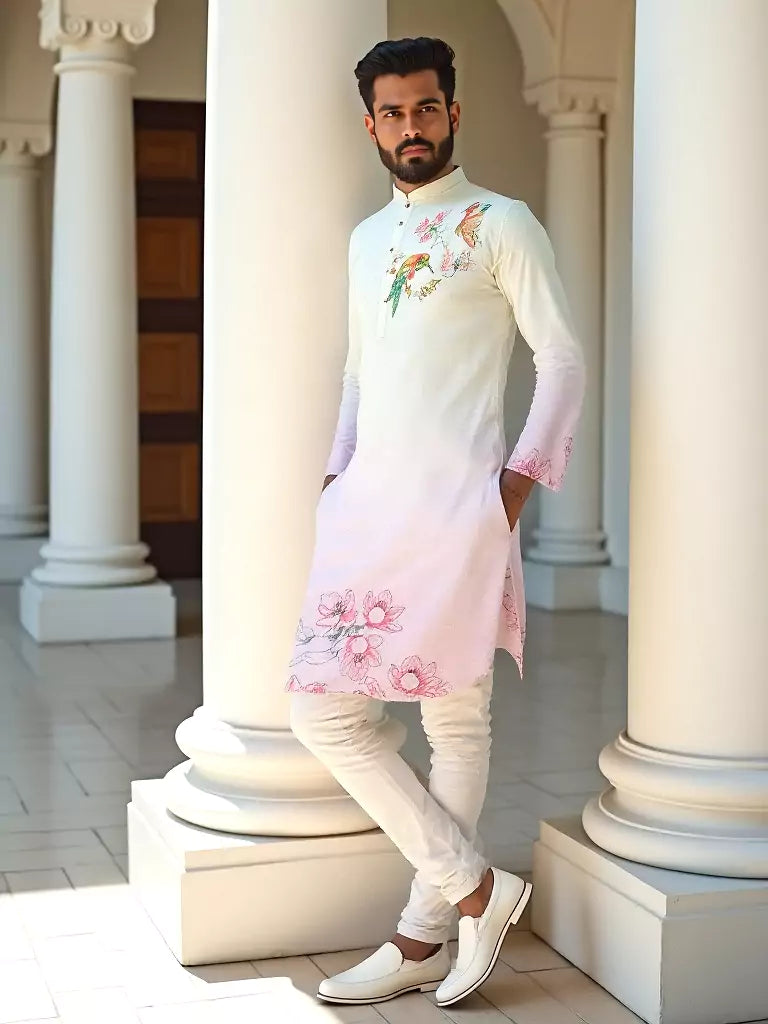 White Ombre Printed Cotton Kurta Pajama