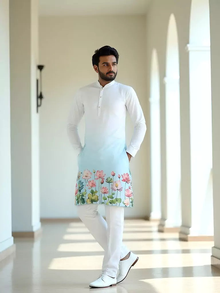 White Ombre Shaded Printed Cotton Kurta Set
