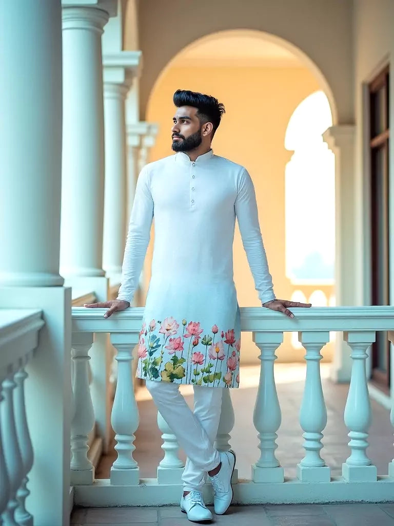 White Ombre Shaded Printed Cotton Kurta Set