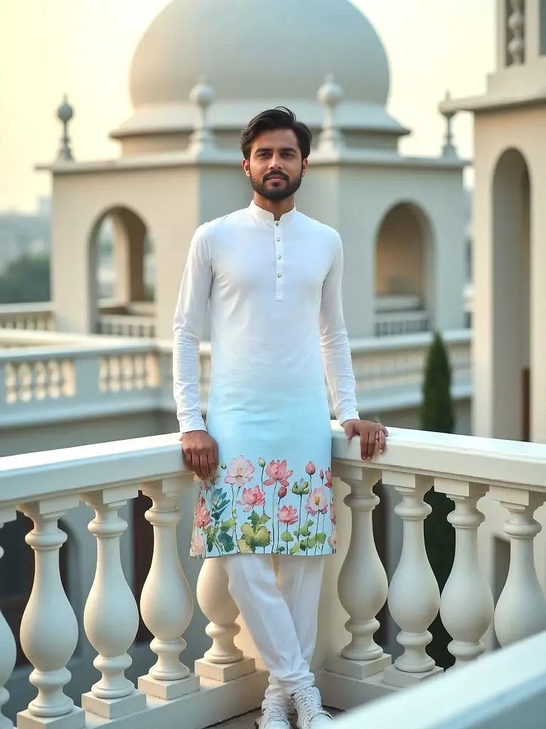 White Ombre Shaded Printed Cotton Kurta Set
