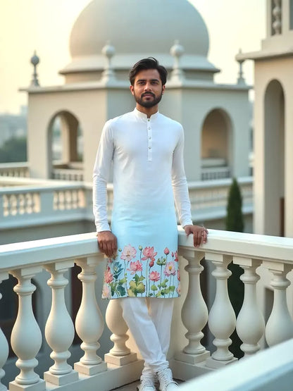 White Ombre Shaded Printed Cotton Kurta Set