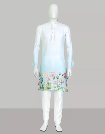 White Ombre Shaded Printed Cotton Kurta Set