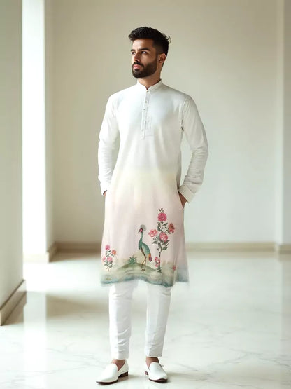 White and Cream Peacock with Floral Printed Cotton Kurta Set
