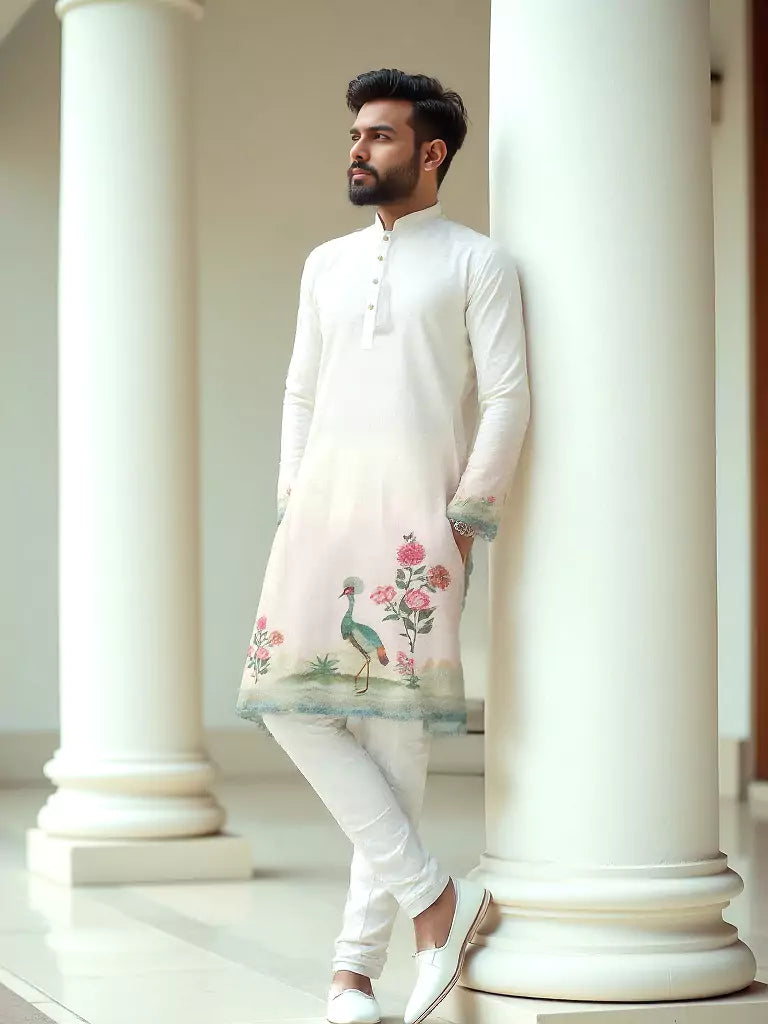 White and Cream Peacock with Floral Printed Cotton Kurta Set