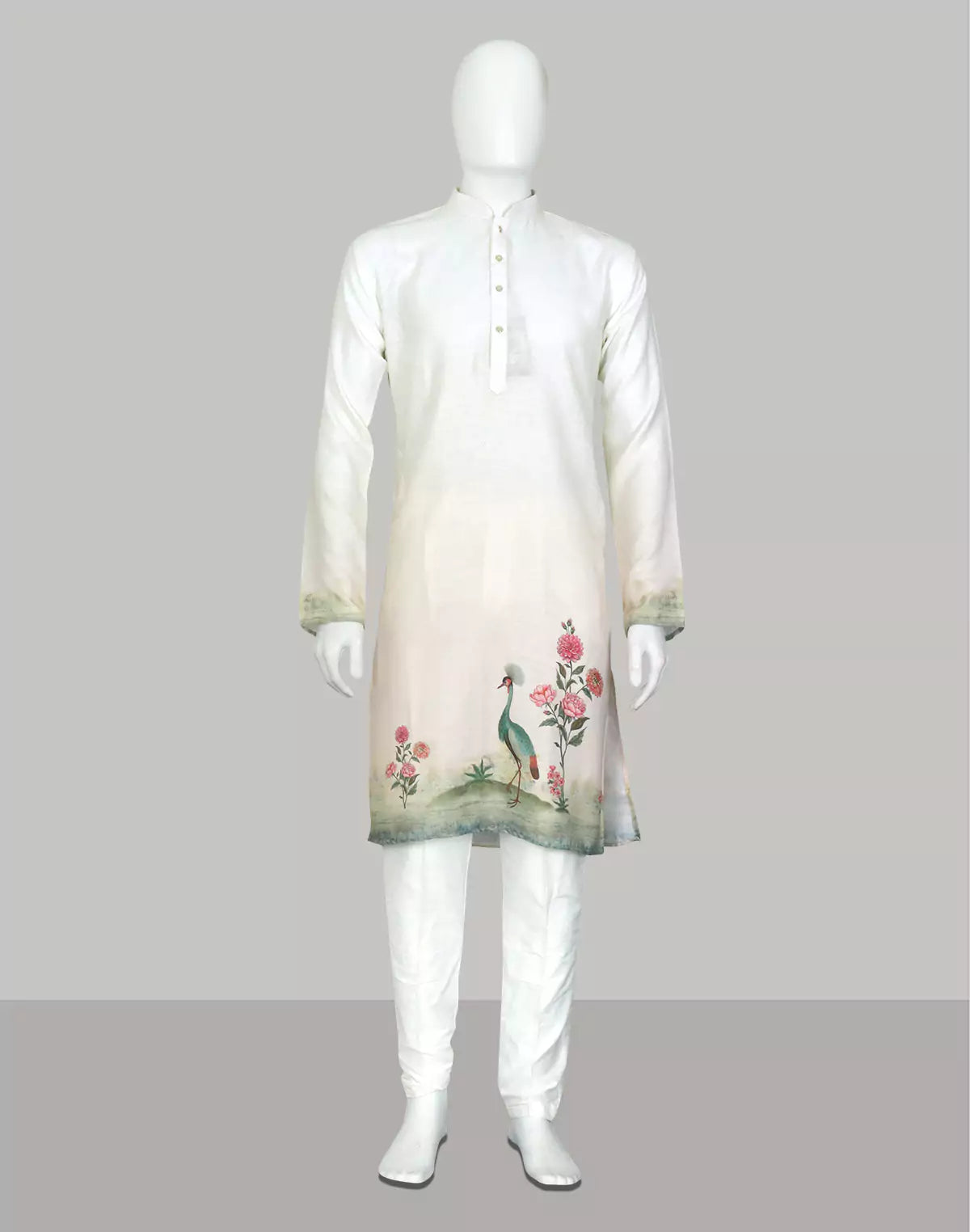 White and Cream Peacock with Floral Printed Cotton Kurta Set